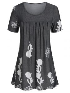 Plus Size Floral Print Flare T Shirt - Carbon Gray