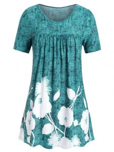 Plus Size Floral Print Flare T Shirt - Medium Turquoise