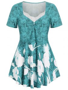 Plus Size Floral Marled T-shirt - Macaw Blue Green