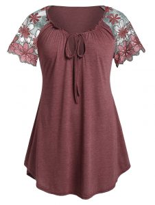 Plus Size Raglan Sleeve Lace Up T Shirt - Wine Red