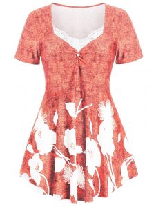 Plus Size Floral Marled T-shirt - Light Coral