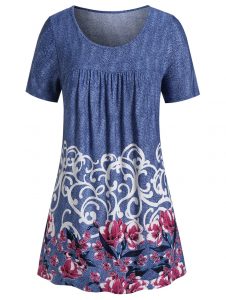 Plus Size Floral Print Flare T Shirt - Denim Dark Blue