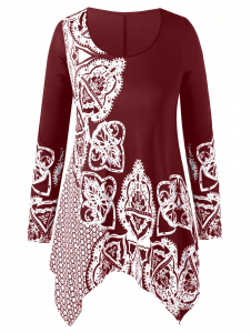 Asymmetrical Printed Plus Size T-shirt - Red Wine