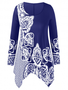 Asymmetrical Printed Plus Size T-shirt - Cobalt Blue