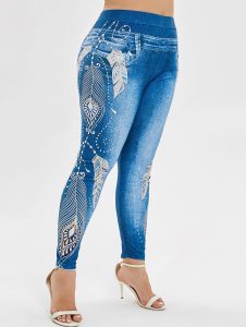 Plus Size High Waist 3D Jeans Print Leggings - Multicolor