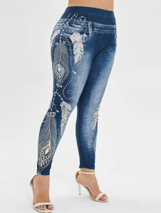 Plus Size High Waist 3D Jeans Print Leggings - Silk Blue