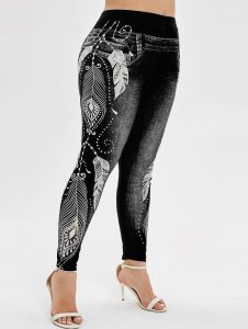 Plus Size High Waist 3D Jeans Print Leggings - Black