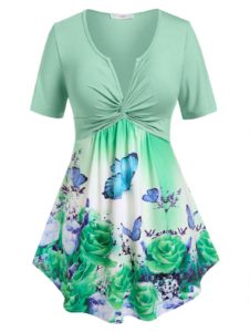 Plus Size Butterfly Print Twist Notched T Shirt - Light Green