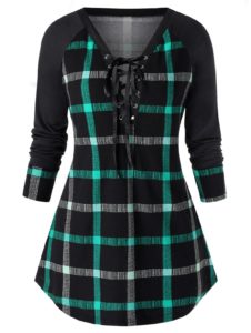 Plus Size Raglan Sleeve Checked Tunic Sweatshirt - Medium Aqaumarine