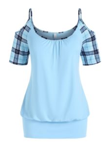 Plus Size Plaid Open Shoulder Blouson T-shirt - Light Blue