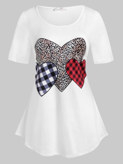 Plus Size Leopard Plaid Heart Pattern T-shirt - White