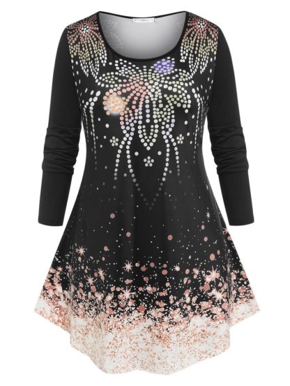 Plus Size Firework Print Swing T-shirt - Black